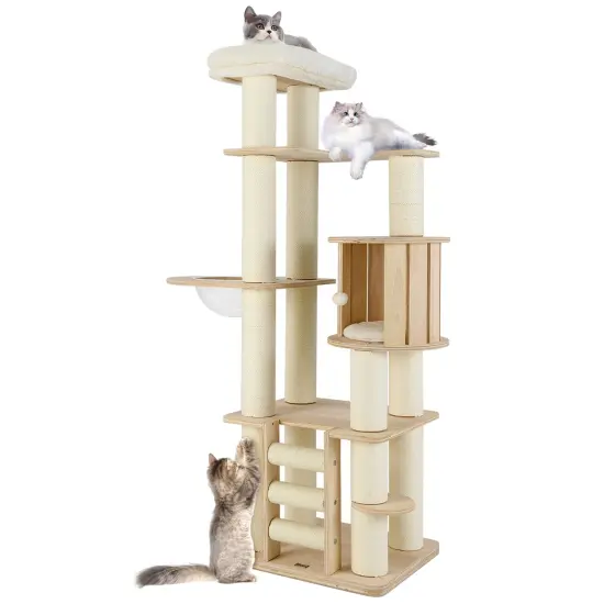 71 Inch Tall Wooden Cat Tree Tower with Soft Padded Plush Cushions Ideal for Indoor Cats {1}