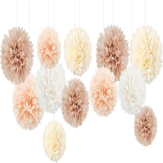 Wedding Decorations, 12 PCS Ivory Champagne Tissue Paper Pom Poms, Creamy White Paper Flowers for Bridal Showers, Engagement Receptions, Bachelorette, Birthday, Boho Party Supplies {1}