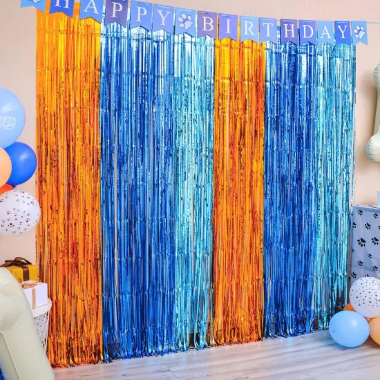 Blue Dog Party Decorations - 2 Packs of 3.3x6.6 ft Orange and Light Blue Foil Fringe Curtains for Birthday Party Supplies, Blue Foil Tinsel Photo Booth Prop Backdrop {1}
