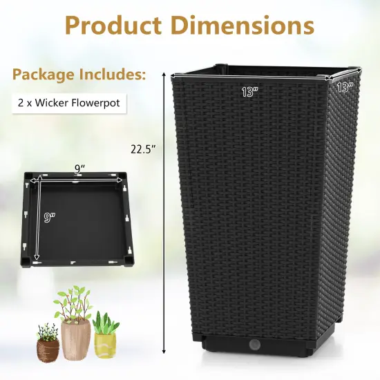 Wicker Planter Set of 2 with Self-Watering System and Weather-Resistant PP Material Black {5}