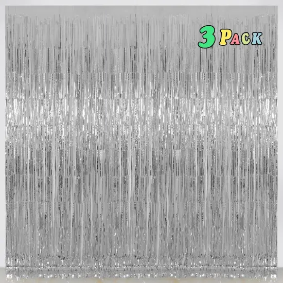 Silver Tinsel Foil Fringe Curtains Backdrop, Melsan 3.2 x 8 ft Foil Curtain Birthday Party Decorations for Disco, New Year Eve Party Backdrop - 3 Packs {1}