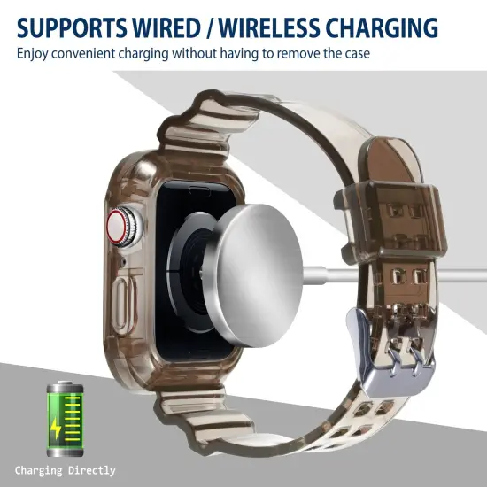 Insten Crystal Clear Watch Band with Rugged Bumper Case For Apple Watch 44mm 42mm Series SE 6 5 4 3 2 1, Replacement Soft TPU Transparent Strap, Clear Black {4}