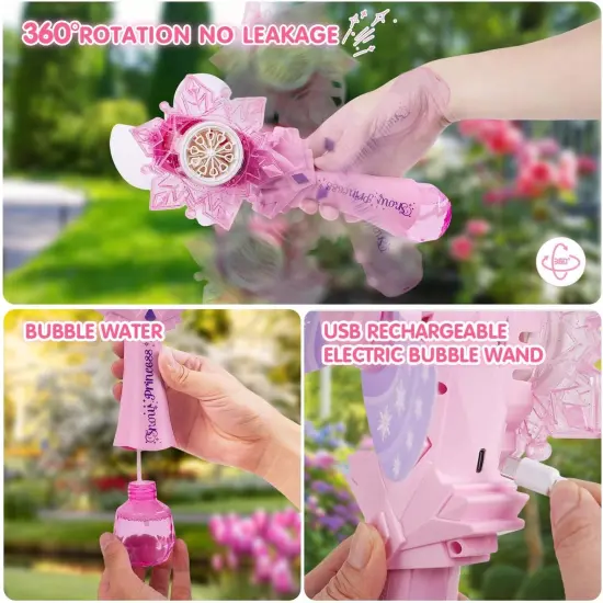 Rechargeable Bubble Wand 2 Pack for Kids Girls Boys, LED Light & Music Electric Bubble Machine Toy, Automatic Snowflake Bubble Blower Gun with 2 Windmill & 4 Bubble Solutions for Outdoor Party {4}
