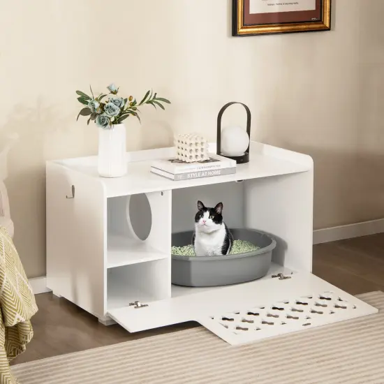 White 4-in-1 Cat Litter Box Enclosure with Removable Cushion and Front Flip Door {3}