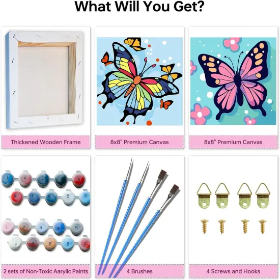 2 Framed Butterfly Paint by Numbers Kit for Kids - Kids Paint by Number Kits Age 5-8-12, Easy Acrylic Oil Paint by Number for Kids 8x8inch {4}