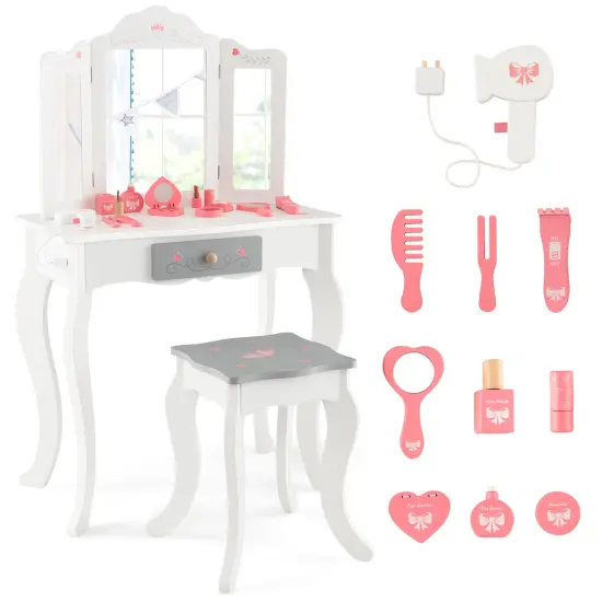 MDF Kids Vanity Set with Mirror, Drawer, Stool, Accessories and Convertible Design White {7}