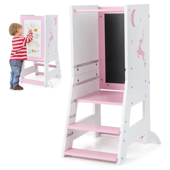 3 in 1 Multi-functional Design Kids Kitchen Standing Stool Tower with Chalkboard and Whiteboard Pink {7}