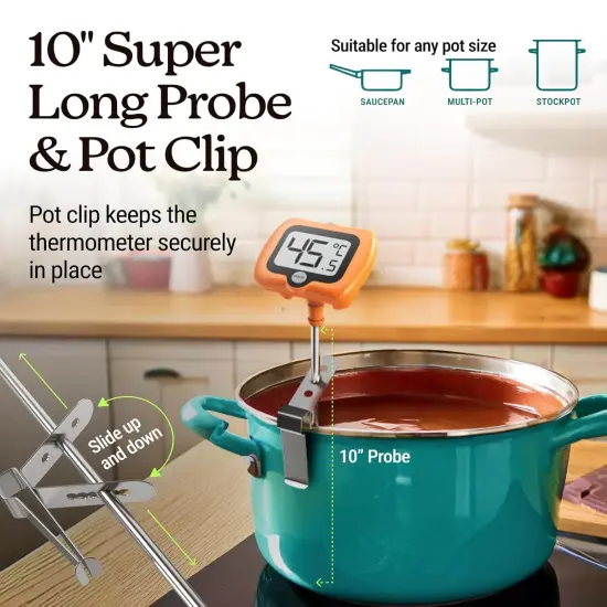 Digital Candy Thermometer with Pot Clip, Instant Read Kitchen Thermometer for Cooking, Baking, and Candy Making &ndash; 10" Stainless Steel Probe, LCD Display, Essential Baking Tool (Orange) {5}