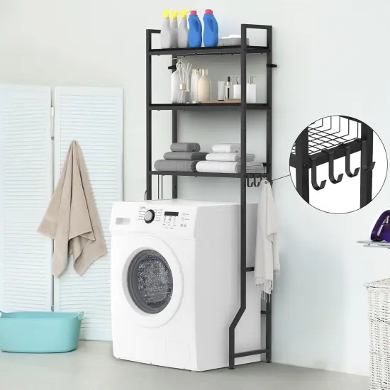 3-Tier Over-The-Toilet Storage Organizer | 30lb/Shelf Heavy-Duty Wooden Bathroom Rack with Anti-Tip Kit & 4 Hooks | 63.6" Freestanding Space-Saver for Laundry Room, Restroom (Black) {1}