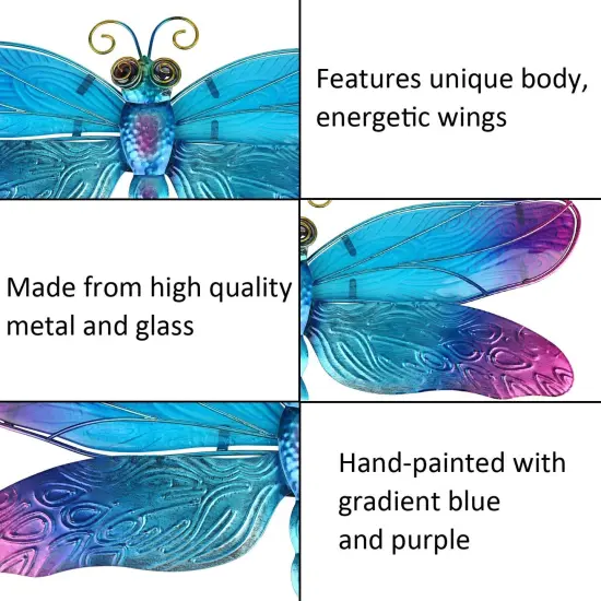 Summer Metal Dragonfly Wall Decor Bathroom Glass Art Iron Sculpture Outdoor Orange Hanging Decoration for Home Bedroom Garden Patio Porch or Fence - Blue {2}