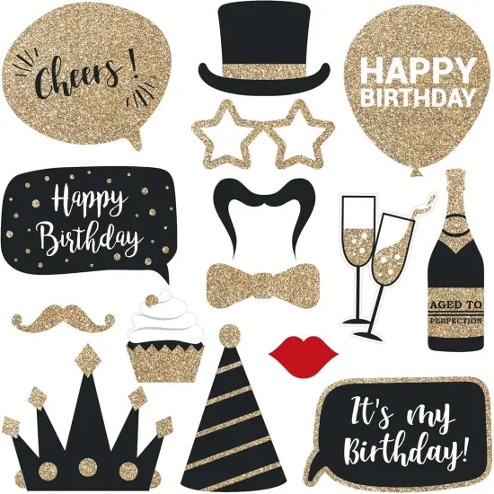 Fully Assembled Birthday Photo Booth Props. 30 Piece Box Set of Black & Gold Selfie Party Supplies and Decorations Kit with Real Glitter - Cute Bday Designs for Women - Did We Mention No DIY {4}