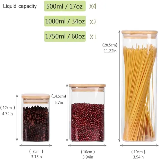 Glass Storage Canister with Wooden Lid, Set of 7 Square Glass Jars with Bamboo Lids, Glass Food Storage Containers for Pasta, Cereal, Flour, Sugar, Best for Kitchen & Pantry {2}