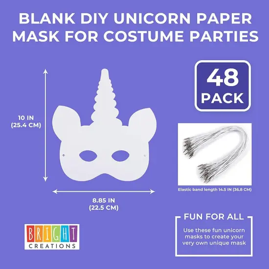 Bright Creations 48pcs Unicorn Masks with Elastic Band for Kids Birthday, Party Favors and DIY Crafts, White {2}