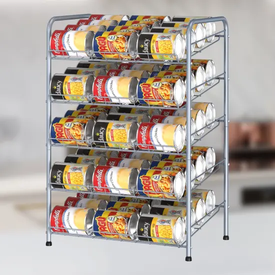 5-Tier Heavy-Duty Can Rack Organizer &ndash; 60-Can Capacity Pantry Storage with 15&deg; Tilt Design, Adjustable Dividers (16.9x12.5x25.6") Silver {1}