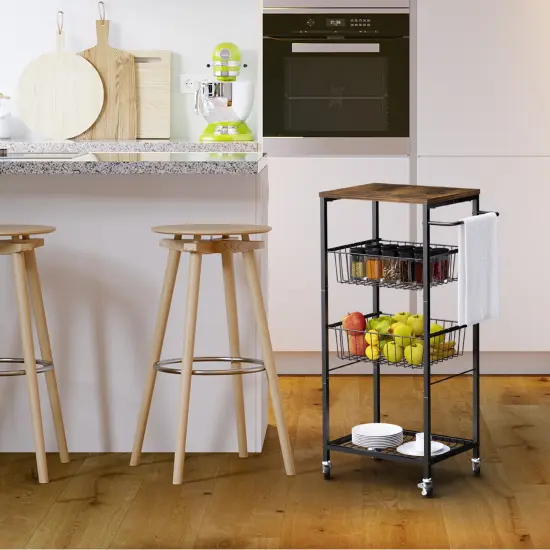 4-Tier Rolling Kitchen Organizer Cart with 2 Pull-Out Baskets & Rustic Wood Top &ndash; Industrial Metal Storage Shelf for Home, Bathroom, Laundry (80lb Capacity) {1}
