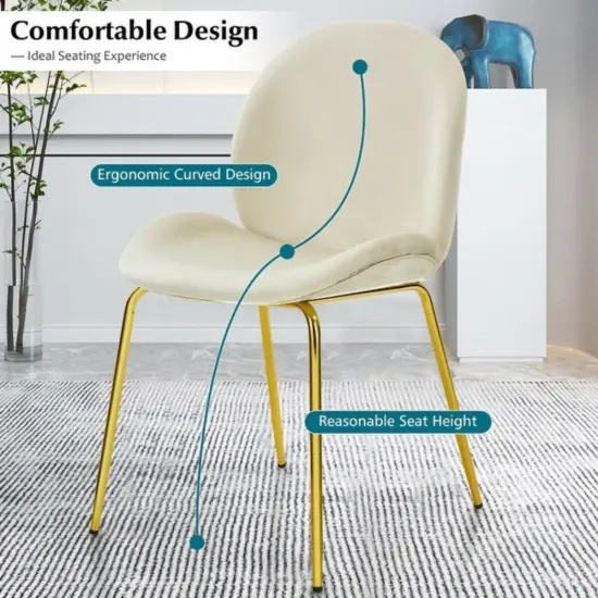 Set of 2 Velvet Accent Chairs with Gold Metal Legs and Ergonomic U Shaped Seat Beige {5}