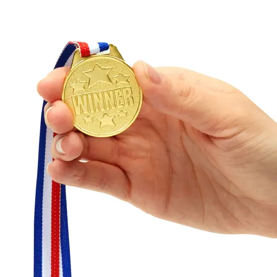12 Pack Gold Winning Participation Medal Awards for Contests with Neck Ribbon for Sports, Competitions, Tournaments, Spelling Bees, Olympic Style for Kids and Adults (Metal, 1.5 Inches) {7}