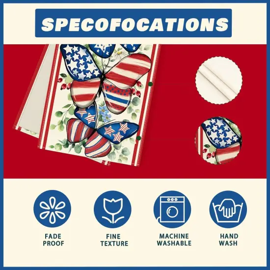 Watercolor America Stars Butterflies Eucalyptus Leaves Patriotic 4th of July Memorial Day Independence Day Table Runner Decoration for Home Kitchen Holiday Party {5}