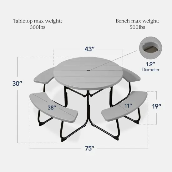 Best Choice Products 8-Person Circular Outdoor Picnic Table w/ 4 Benches, Umbrella Hole, 2000lb Capacity Light Gray {2}