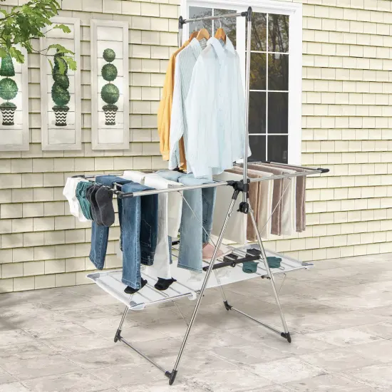 Silver 2-Tier Foldable Clothes Drying Rack with Tall Hanging Bar and Height Adjustable Gullwings {3}