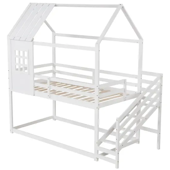 White Pine Wood Low Loft Twin House Bed with Guardrails, Ladder {1}