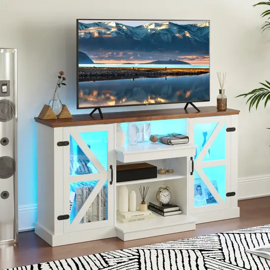 White Tempered Glass TV Stand with LED Lights, Adjustable Shelves and Console Table Storage {3}
