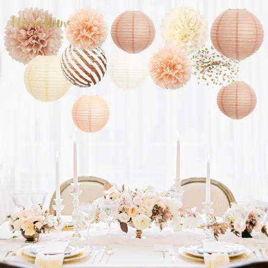 Wedding Party Decorations, 12 PCS Creamy White Tissue Paper Pom Poms and Lanterns Set, Champagne Paper Flowers for Engagement Receptions, Boho Bridal Showers Party Supplies {5}