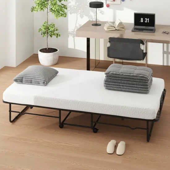 White Memory Foam Mattress Folding Bed with Black Metal Frame and Casters {2}