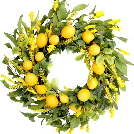 20 inch Artificial Lemon Wreath Spring Fruit Wreath with Yellow Lemon and Artificial Green Leaves for Front Door, Window and Wall Hanging Decorations, Holiday Decorations {5}