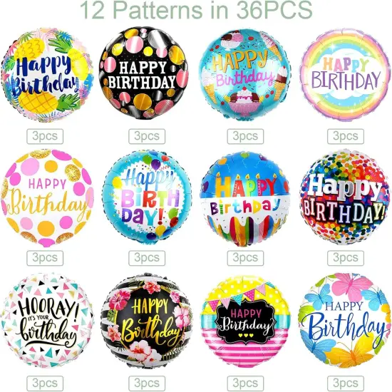36PCS Happy Birthday Foil Balloons, 18" Round Mylar Foil Helium Balloon Floating Inflatable Birthday Balloons {3}