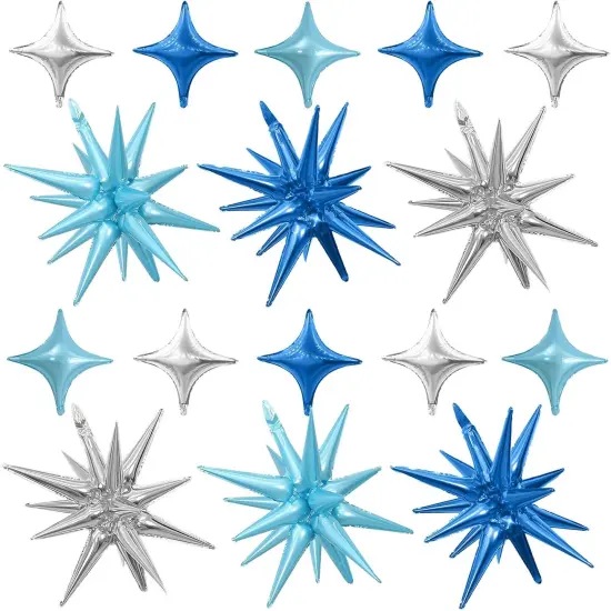 Blue Silver Star Balloons,Explosion Star Balloons Kit with 6Pcs 22Inch Cone Star Foil Balloons and 10Pcs 10Inch Four Pointed Star Balloons {1}