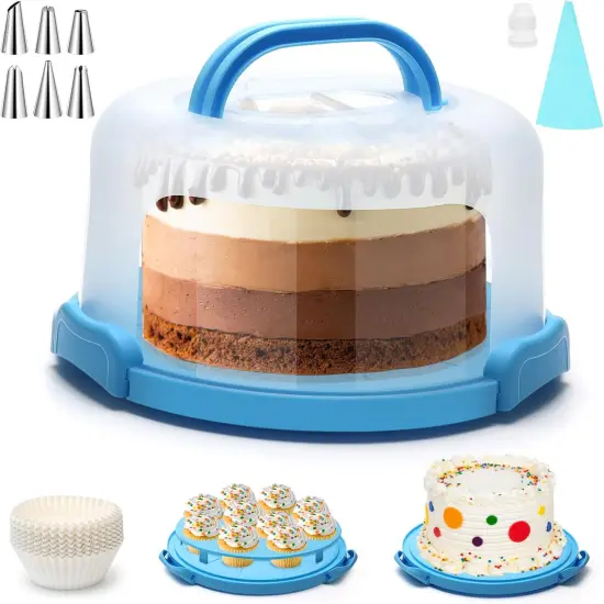 Cake Carrier with Lid and Handle 11inch Round Cake Carrier Portable Cake Stand Plastic Pie Carrier Cake Storage Container for Transport Cakes, Pies (Blue) {1}