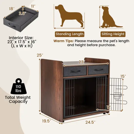 Brown Dog Crate Cage End Table with 2 Fabric Drawers Ideal for Small or Medium Pets {5}