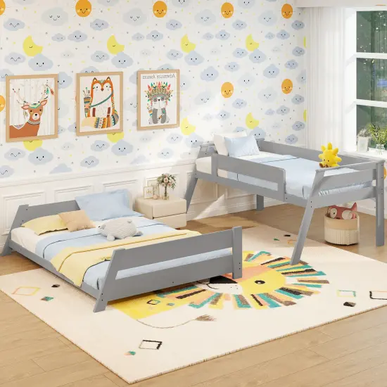 Solid Wood Twin Over Full Low Bunk Bed, Convertible, Sturdy and Safe Design Gray {6}