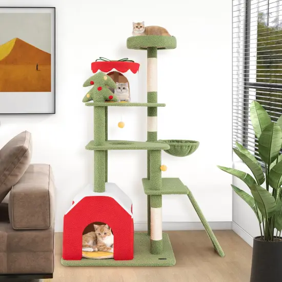 Christmas Themed Cat Tree with Sisal Scratching Posts, Condos and Perch {3}