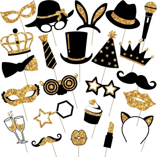 24 Pieces Funny Photo Booth Props for Birthday Weddings Graduation Party Supplies Prom Disco Mardi Gras Party Supplies Mix of Hats, Lipstick, Tie, Crowns(Golden) {1}