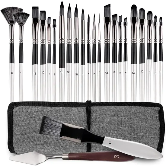 25pcs Paint Brush Set, Professional Paintbrushes Acrylic Paint Brushes Expert Series Nylon Brushes Kit with Palette Knife and Cloth Roll for Acrylic, Oil, Watercolor and Face Painting {1}