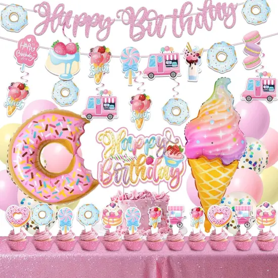Sweets Birthday Party Decorations for Girls- Pastel Ice Cream Party Supplies, Donut Balloons Happy Birthday Banner Cupcake Topper Candy Theme Birthday for Baby Shower Wedding {1}