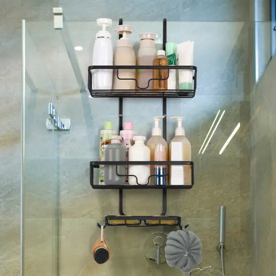 Over The Door Shower Caddy Organizer – 3-Tier Aluminum Hanging Bathroom Storage with 2 Baskets, 4 Hooks & Soap Holder, Rustproof & No Drill Installation (Black) {2}