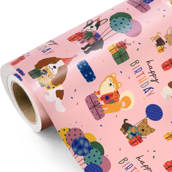 Dog Birthday Wrapping Paper Roll - Mini Roll - 17 Inch x 9.8 Feet - Pink Puppy Dog, Perfect for Party, Holiday {1}
