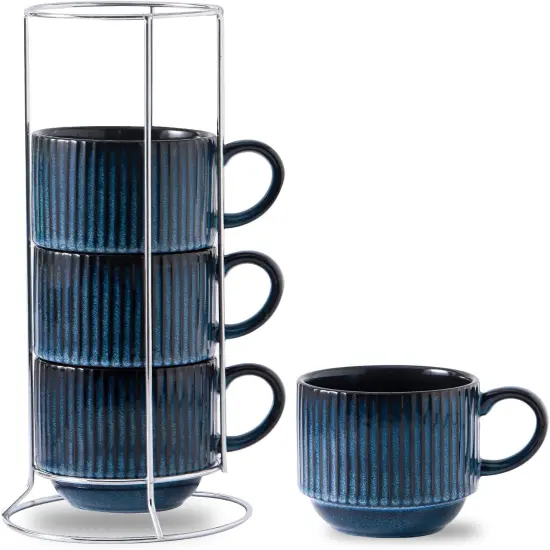 Large Coffee Mug Set of 4 with Holder - 15 Oz Stackable Ceramic Ribbed Latte Cup Set for Cappuccino, Tea, Hot Cocoa, Drinks - Dishwasher & Microwave Safe, Navy {1}