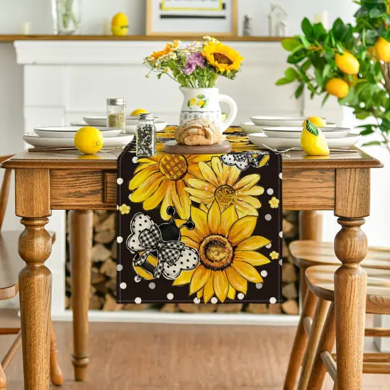 Black Sunflower Bee Flower Polka Dot Summer Table Runner, Seasonal Kitchen Dining Table Decoration for Indoor Party Home 13x72 Inch {2}