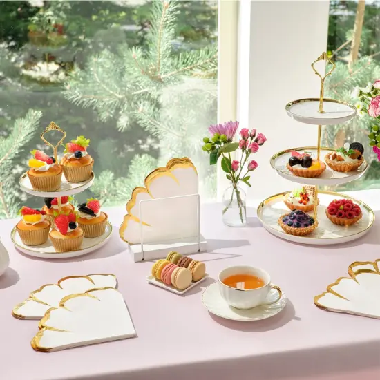 BLUE PANDA 50 Pack Pink & Gold Petal Floral Paper Napkins, 6.25x6 Inches, Scalloped Napkins for Birthday, Wedding, Bridal Shower, Tea Party & More {3}