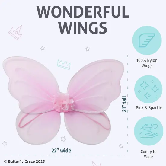 Butterfly Craze Fairy Princess Tutu Costume Set - Includes Glittery Sparkle Wings, Tutu Skirt, & Wand for Girls' Dress Up, Pretend Play & Ballet Dance Recitals, For Toddlers and Kids, Pink, Medium {3}