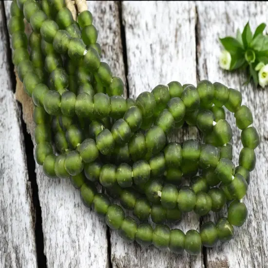 9-10mm Matte Olivine African Recycled Glass Beads (19" Strand) {3}
