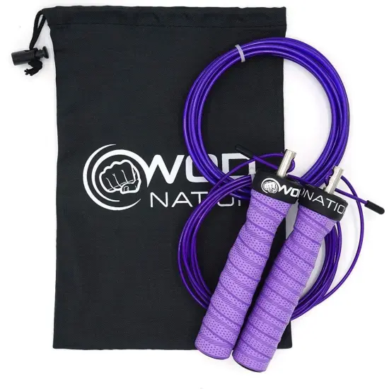 WOD Nation Attack Speed Jump Rope : Adjustable Jumping Ropes : Unique Two Cable Skipping Workout System : One Thick and One Light 11 Foot Cable : Perfect for Double Unders : Men and Women Purple {7}