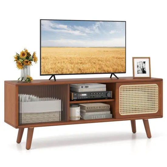 Costway Modern TV Stand Entertainment Center Media Console with Rattan Glass Sliding Doors Natural/Brown {7}