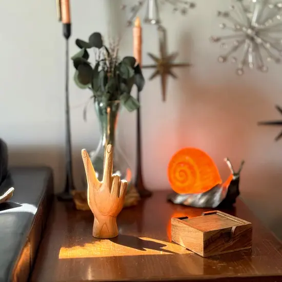 Carved Wooden Peace Sign Hand Gesture Statue Natural Finish 7.75 Inches High {7}