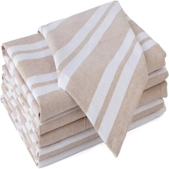 Dining Table Napkins 6 pcs Set of Large 17"x17" - Franca Beige Stripes - Heavy Eco-Friendly Cotton, Homespun Fabric, Machine Washable for Dinner, Party, Restaurant & Banquet {1}
