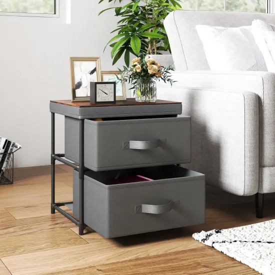 Black Metal 2 Drawer Nightstand with Fabric Storage and Tool Free Assembly {5}